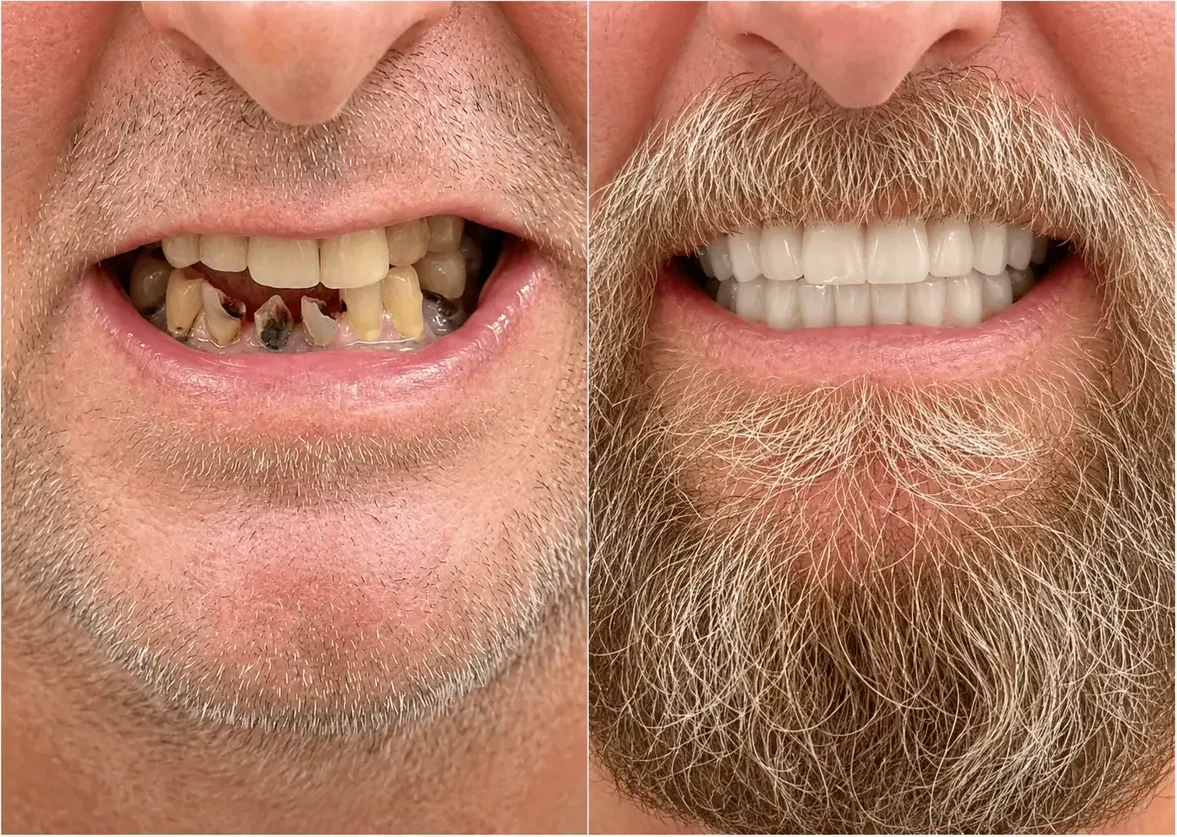 Close-up smile before and after full mouth implant reconstruction on damaged teeth