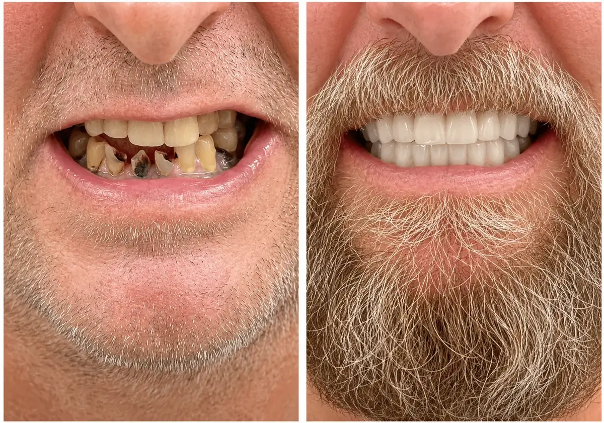 Close-up smile before and after full mouth reconstruction on damaged teeth
