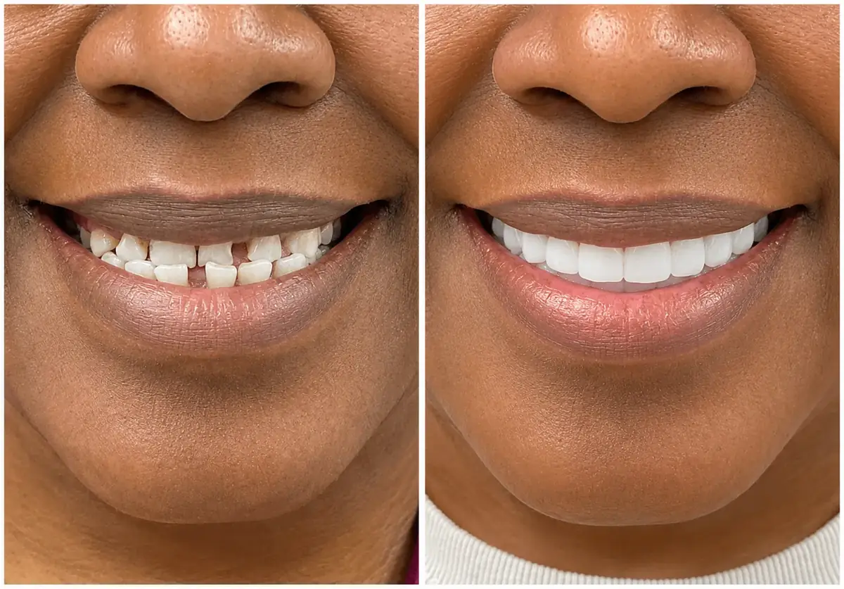 Close-up smile before and after correcting spacing with porcelain veneers