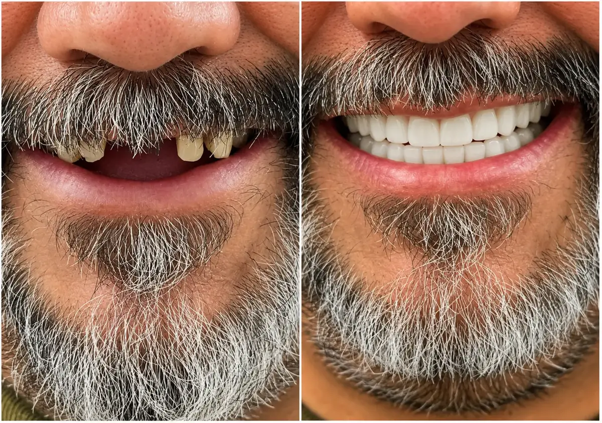 Close-up smile before and after All-on-X upper and lower arch restoration
