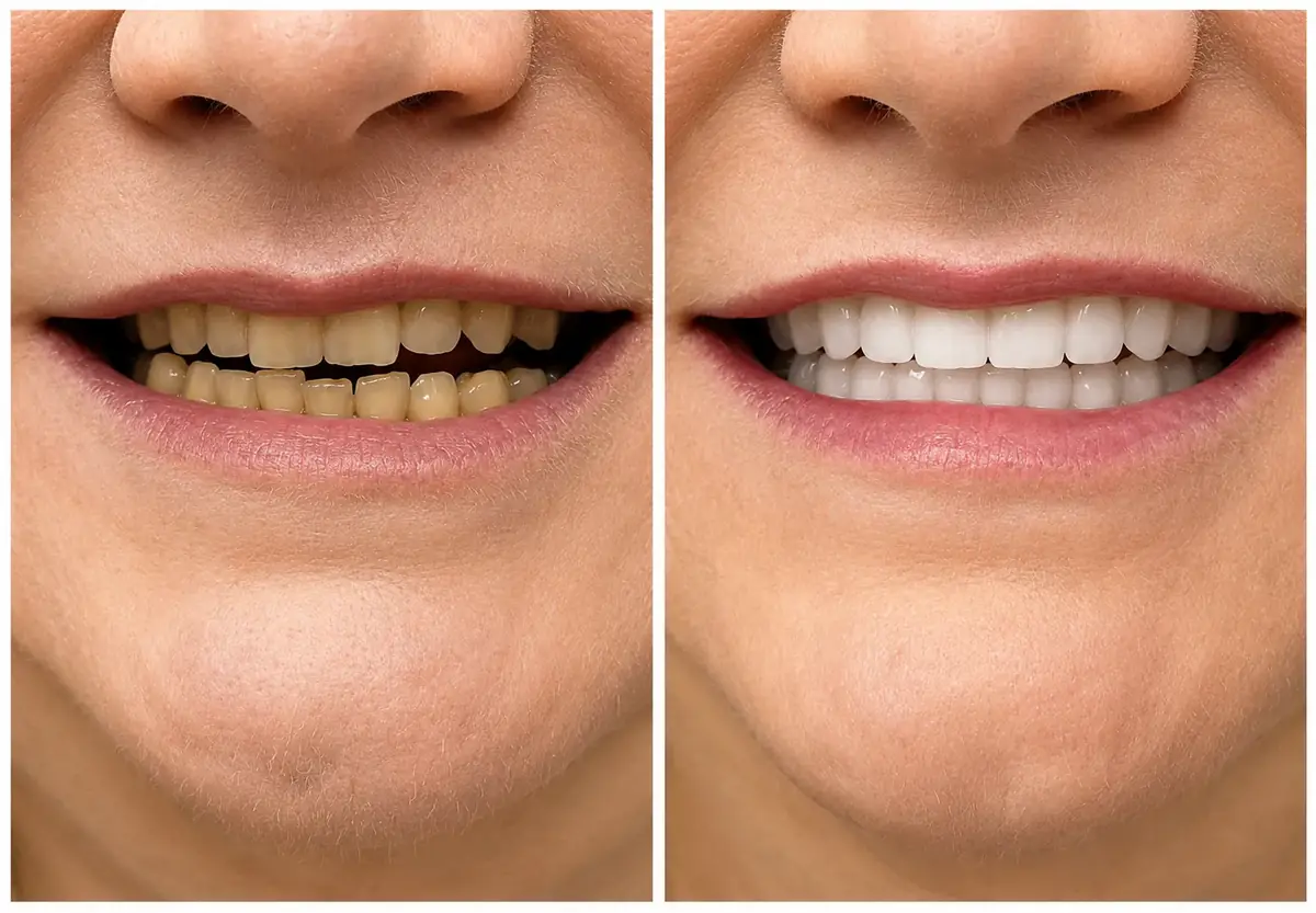 Close-up smile before and after porcelain veneers and whitening