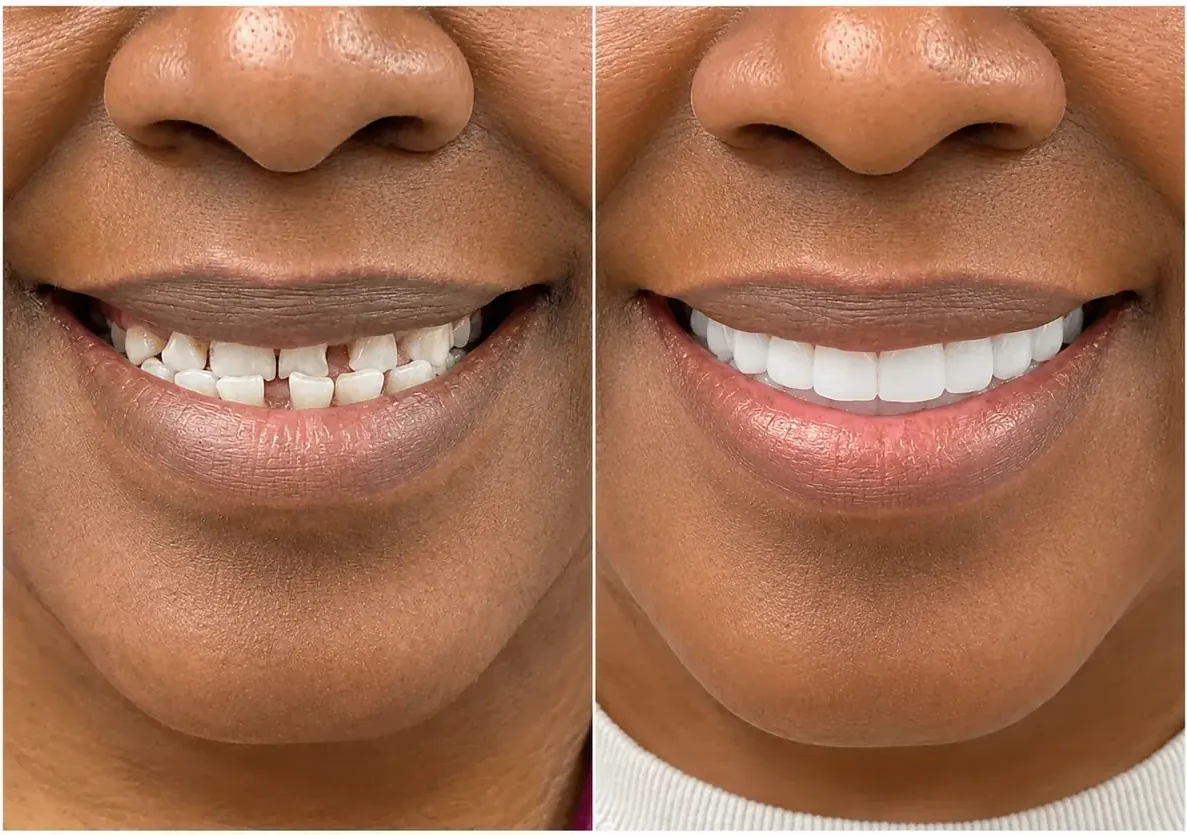 Close-up smile before and after closing spacing with implant-supported crowns