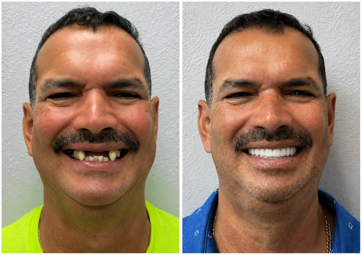Patient smile before and after full-arch dental implant treatment